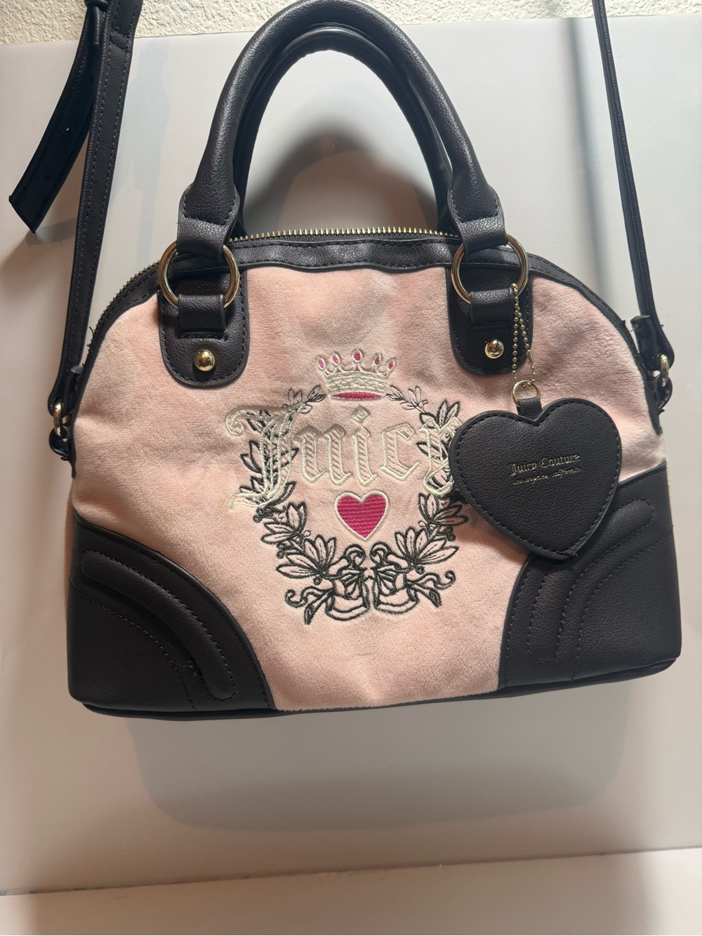 Juicy Couture Heritage Dome Satchel Bowler Bag In Pink Velour With Chocolate